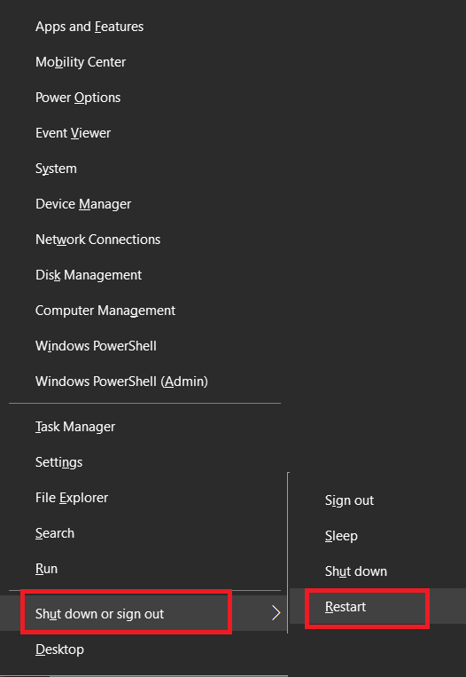 ปุ่ม Windows และ X  จากนั้นปิดเครื่องหรือออกจากระบบ  คลิกที่รีสตาร์ท
