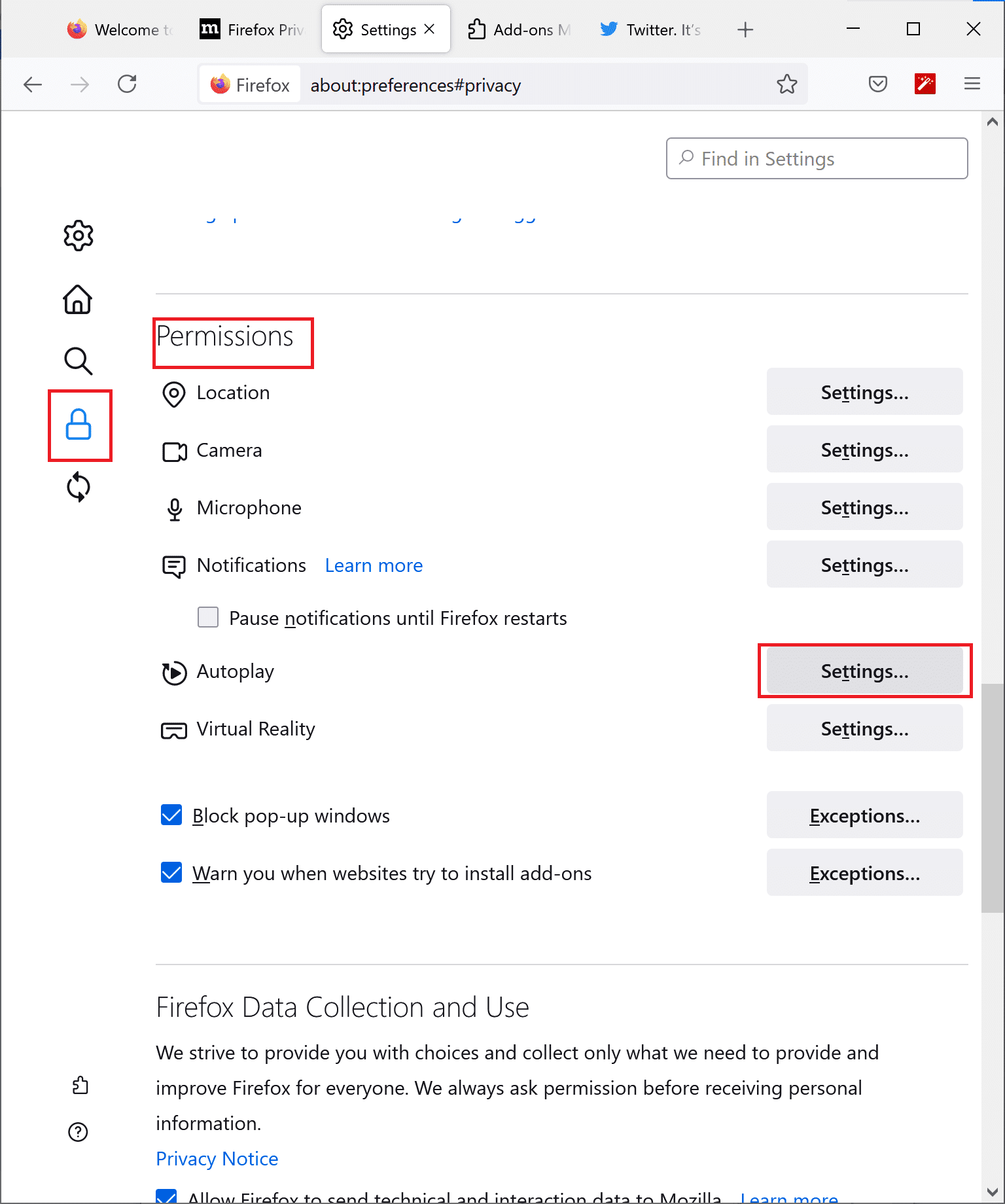 Cliquez sur les paramètres de lecture automatique de Firefox