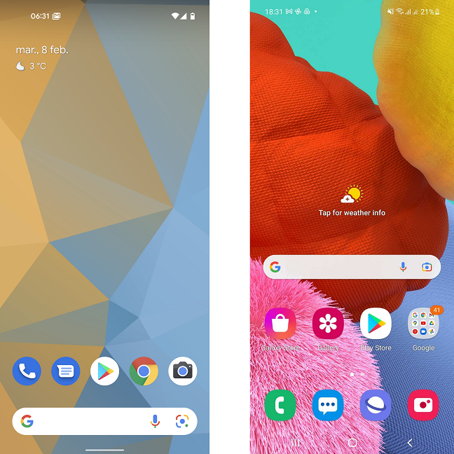 L'interfaccia pulita di Android 12 (a sinistra) rispetto a un'interfaccia utente (a destra)