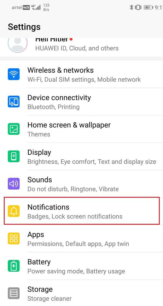 Ora tocca l'opzione delle notifiche