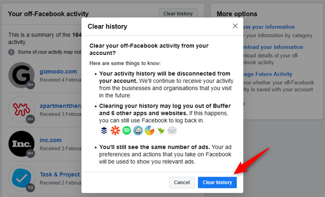Подтверждение того, что вы хотите очистить историю вне Facebook