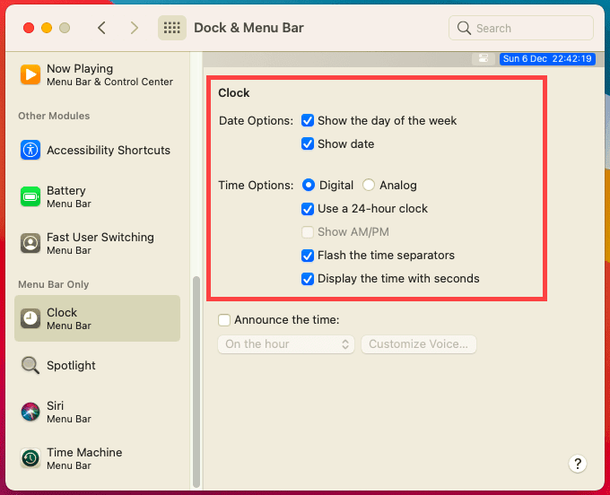 ドックとメニューバー>日付と時刻のオプション付き時計
