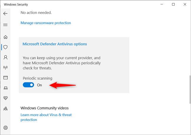 Escaneo periódico habilitado para Microsoft Defender Antivirus de Windows 10