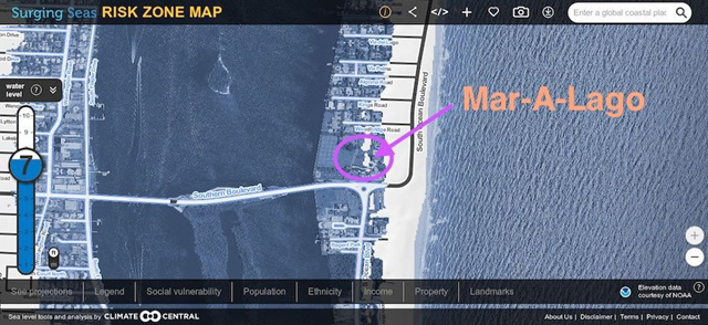 Sea level rise projection showing Donald Trump's Mar-A-Lago social club under water after seven feet of sea level rise. Graphic: Climate Central