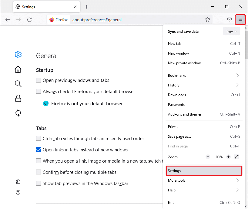 Ici, sélectionnez l'option Paramètres.  Comment réparer Firefox ne charge pas les pages