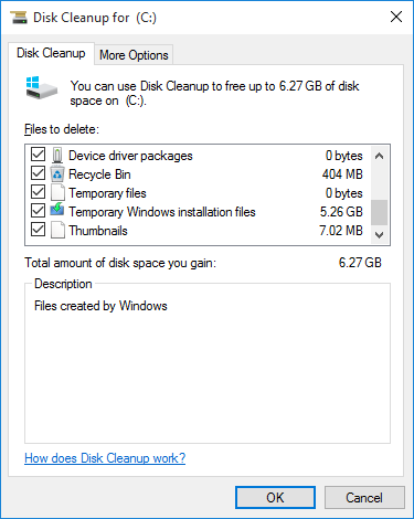 disk clean up selection