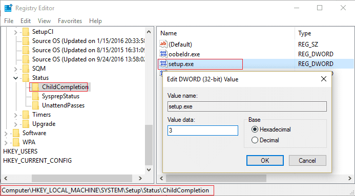 zmienić wartość setup.exe w ChildCompletion z 1 na 3