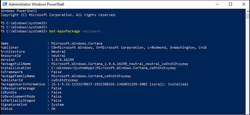 Digitare Get-AppxPackage –AllUsers in Windows PowerShell