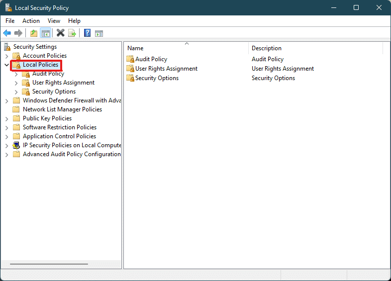 haga doble clic en la carpeta Políticas locales en la ventana Política de seguridad local Windows 11