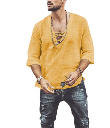 Title 2, Mens Tie-Up Solid Color Mid-Sleeve T-Shirt. Co...