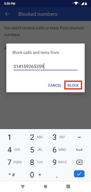 Digita il numero da bloccare