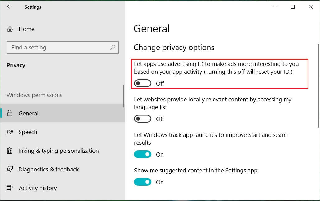 Désactivez l'option Autoriser les applications à utiliser mon identifiant publicitaire pour une expérience dans toutes les applications |  Désactiver la collecte de données dans Windows 10 (protégez votre vie privée)