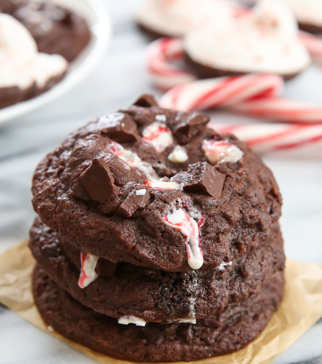 close up photo of a stack of PEEPS® Candy Cane Stuffed Chocolate Cookies 