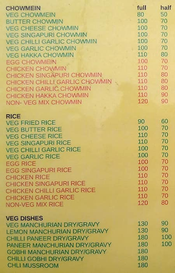 Hot chinese Fast food menu 