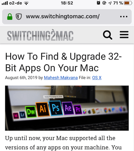 Sito Web Switching2Mac sul browser Firefox per iPhone