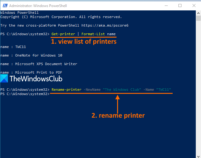 переименовать принтер с помощью Windows PowerShell