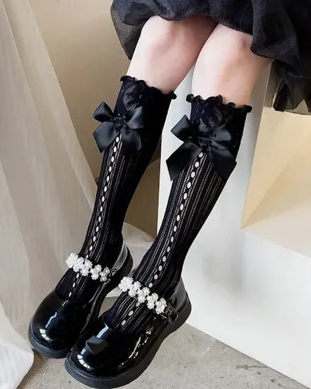 1 Pair Girl Sweet Bow Tie Socks Black Lolita Style Japane... - 3