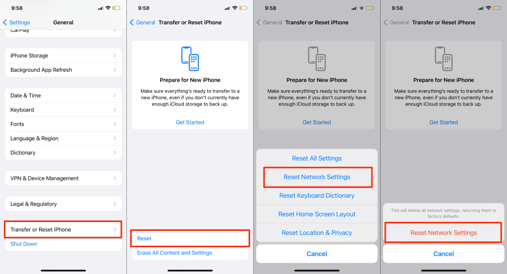 การตั้งค่า > ทั่วไป > โอนหรือรีเซ็ต iPhone > รีเซ็ต > รีเซ็ตการตั้งค่าเครือข่าย