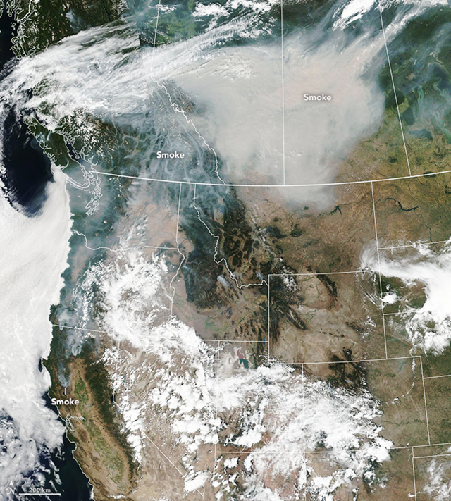 The Visible Infrared Imaging Radiometer Suite (VIIRS) on the Suomi NPP satellite acquired this image (top) on 15 August 2018. Smoke is seen hovering over much of western North America and central Canada. Photo: Lauren Dauphin / NASA Earth Observatory