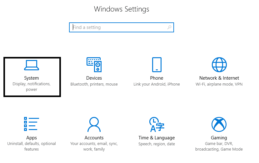 Druk op Windows-toets + I om Instellingen te openen en klik vervolgens op het systeempictogram