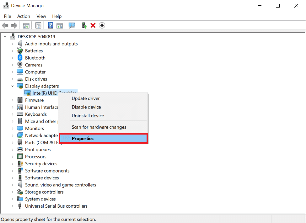 Faites un clic droit sur le pilote de la carte graphique et cliquez sur Propriétés.  Comment réparer DX11 Le niveau de fonctionnalité 10.0 est requis pour exécuter l'erreur de moteur