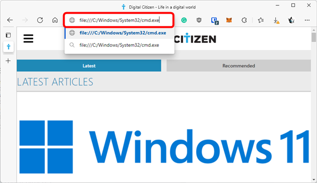 Microsoft Edge 中命令提示符的 URL