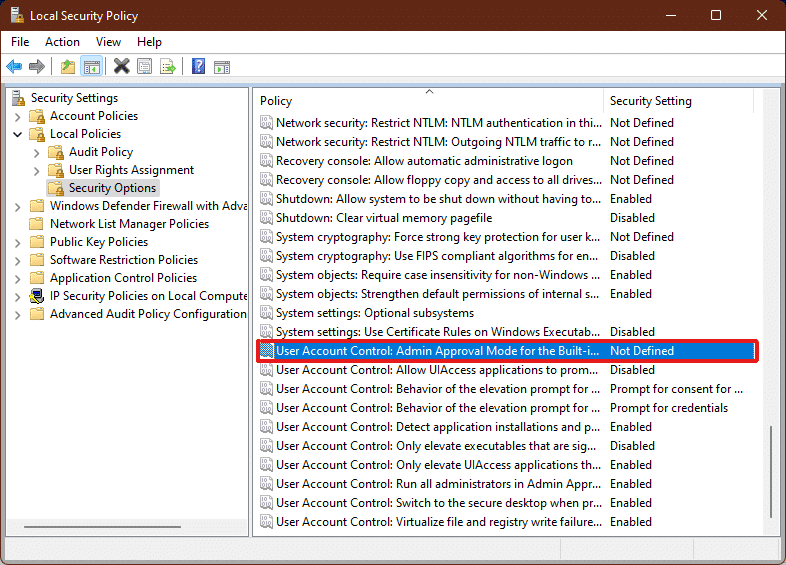 double-cliquez sur Contrôle de compte d'utilisateur Exécuter tous les administrateurs dans la politique du mode d'approbation administrateur dans la fenêtre Politique de sécurité locale Windows 11