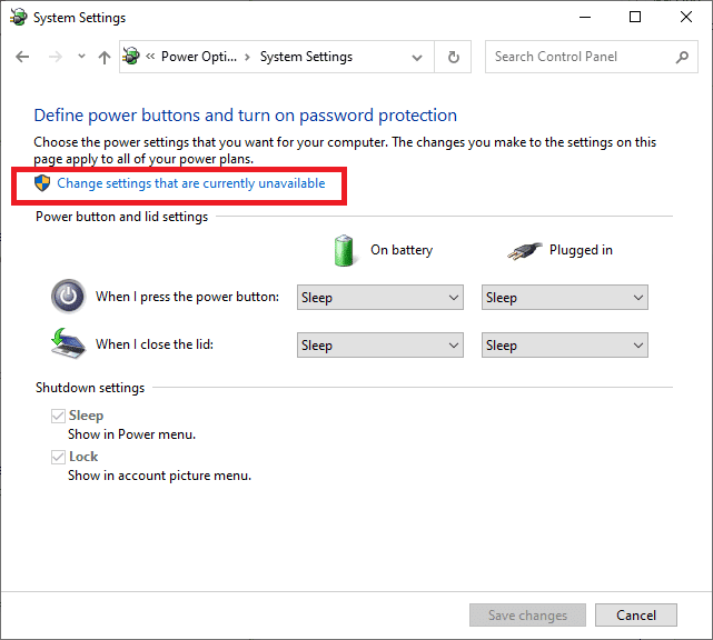 Klik nu op Instellingen wijzigen die momenteel niet beschikbaar zijn onder Aan/uit-knoppen definiëren en wachtwoordbeveiliging inschakelen.  Hoe te repareren Ethernet heeft geen geldige IP-configuratiefout