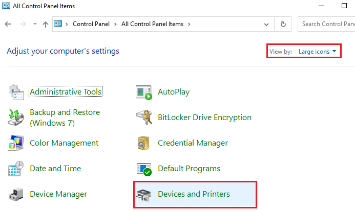 Définissez l'option Afficher par sur Grandes icônes et sélectionnez Périphériques et imprimantes.  Correction des services de domaine Active Directory actuellement indisponibles dans Windows 10