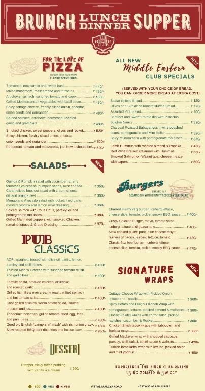 The Biere Club menu 