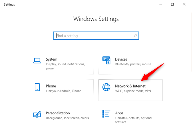 หมวดหมู่เครือข่ายและอินเทอร์เน็ตจากการตั้งค่า Windows 10