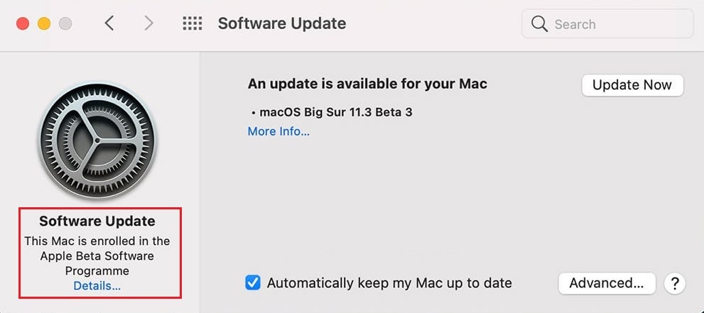 Klik op de optie Details onder Deze Mac is ingeschreven in het Apple Beta Software Program