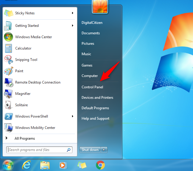 ปุ่มแผงควบคุมจากเมนูเริ่มใน Windows 7