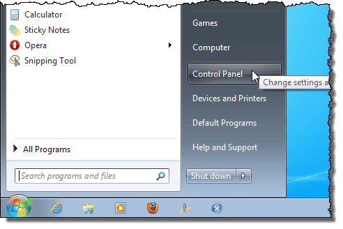 Apertura del Panel de control en Windows 7