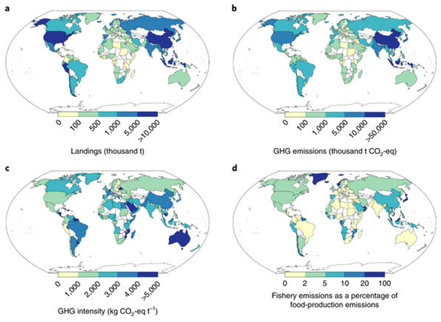 Production and greenhouse gas (GHG) emissions by fisheries for each country. Graphic: Parker, et al., 2018 / Nature Climate Change