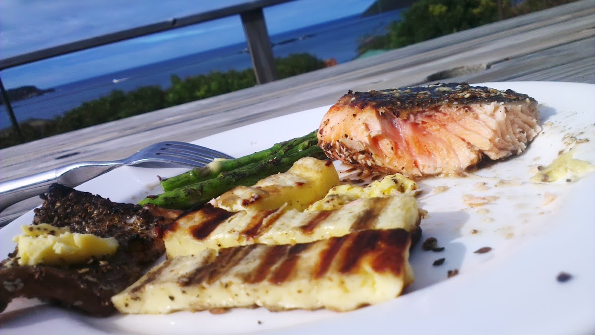 salmon with dukkah and asparagus and haloumi - ash simmonds