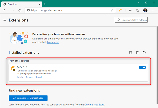 De Ruffle Flash Edge-extensie is geïnstalleerd en ingeschakeld