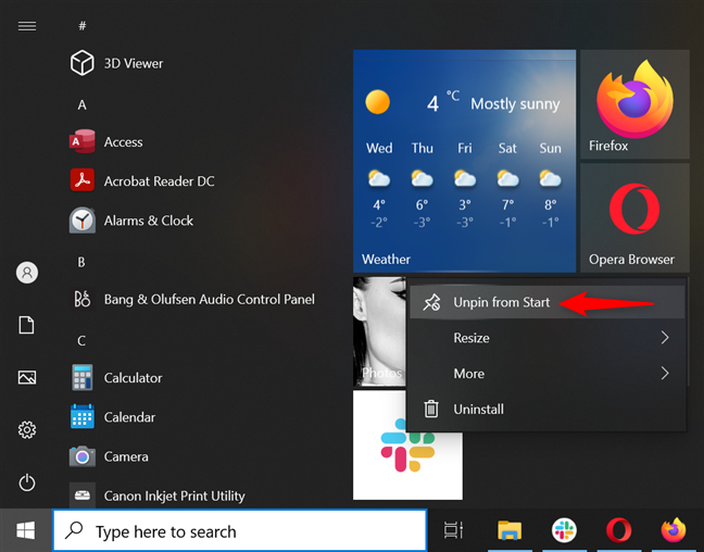 Usuń aplikacje z menu Start w systemie Windows 10, odpinając je