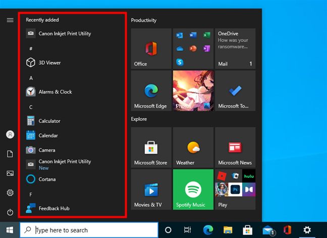 Danh sách ứng dụng từ Start Menu của Windows 10