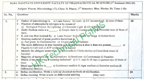 BMU BP303T Pharmaceutical Microbiology Sessional-I 3rd Semester B.Pharmacy Previous Year's Question Paper,BP303T Pharmaceutical Microbiology,BPharmacy,Previous Year's Question Papers,BPharm 3rd Semester,Microbiology,