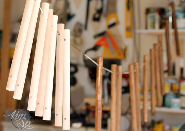 Staining wooden dowels on a string