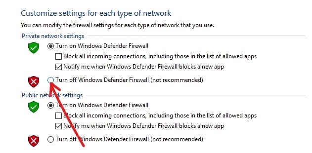 Pour désactiver les paramètres du pare-feu Windows Defender pour les réseaux privés