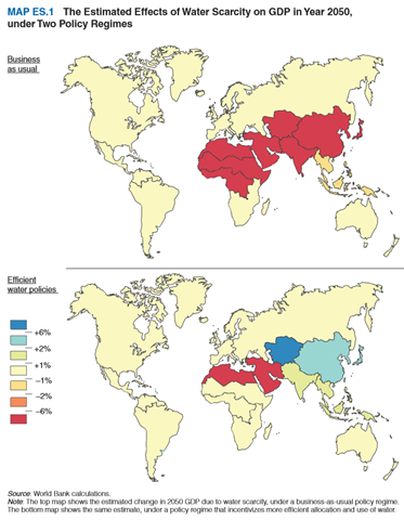 Estimated effects of water scarcity on GDP in 2050 under two policy regimes. Some regions could see their growth rates decline by as much as 6 percent of GDP by 2050 as a result of water-related losses in agriculture, health, income, and property — sending them into sustained negative growth. Graphic: The World Bank