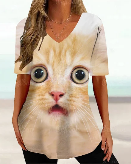 Kawaii Cat Graphic T Shirt For Women Painting Print Haraj... - 1