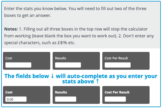 Calculadora online de custo por resultado do Facebook