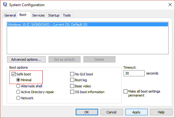 Bây giờ chuyển sang tab Boot và đánh dấu chọn Tùy chọn khởi động an toàn