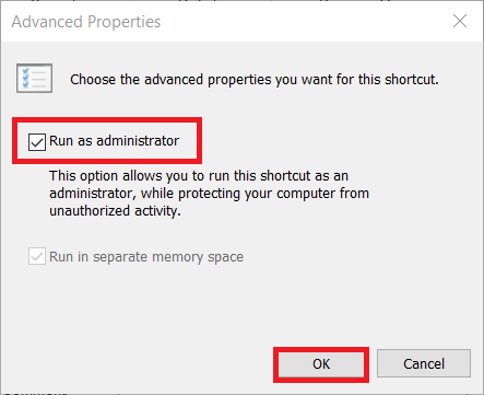 Marque la casilla Ejecutar como administrador y haga clic en Aceptar