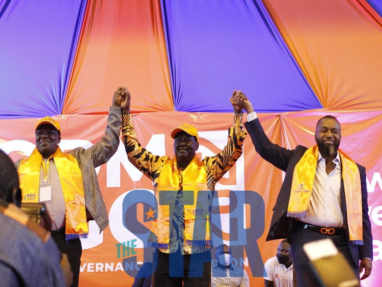 From right: ODM deputy party leader Wycliff Oparanya, ODM presidential candidate Raila Odinga and Mombasa Governor Ali Hassan Joho during National Governing Council at Bomas Of Kenya on February 25,2022.