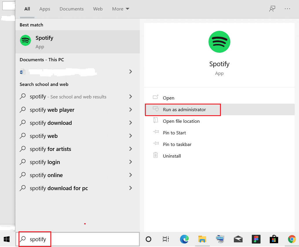 введите Spotify в поиске Windows и выберите запуск от имени администратора