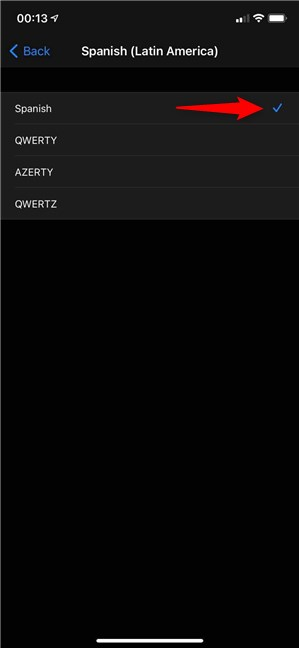 Sélectionnez une disposition de clavier iPhone en appuyant dessus